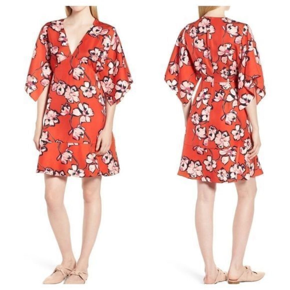 Lewit Red Poppy Floral Collage Silk‎ Dress